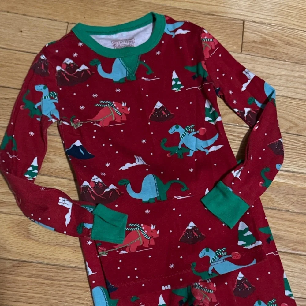 Red Dinosaur Christmas Pajama Set with Green Accents